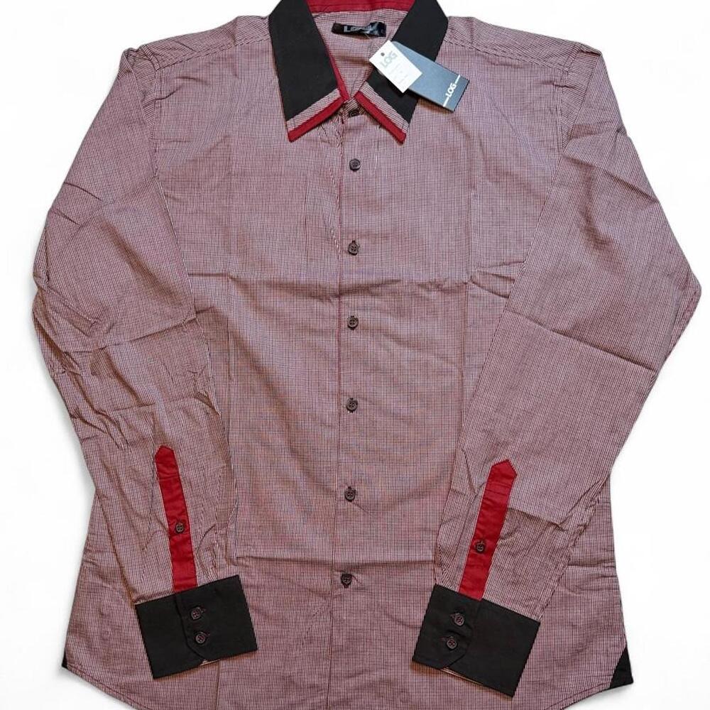 Log men’s Red & black button-up shirt with black & red trim on collar and cuffs,